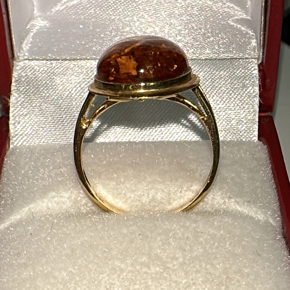 Solid 14K Yellow Gold Natural Oval Baltic Amber Ring Vintage Estate - Picture 9 of 14